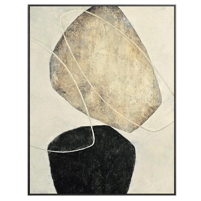 A large tilted beige rounded shape floats above a smaller black form, crossed by fine pale curves on cream.