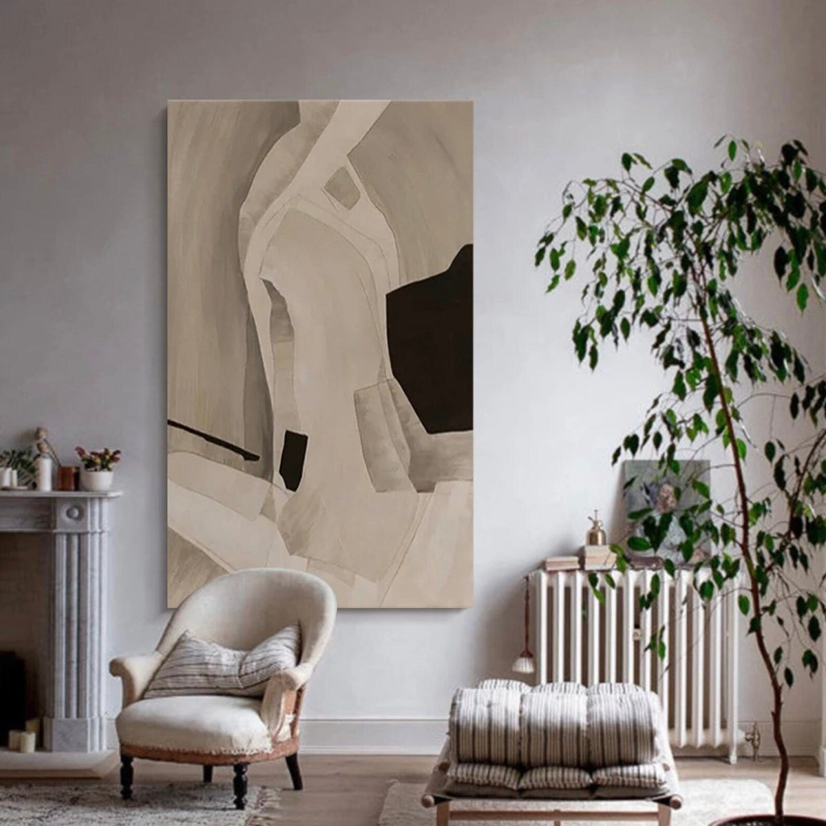 Room mockup. Soft cream and taupe curved bands surround a dark brown angular patch and a small black block.