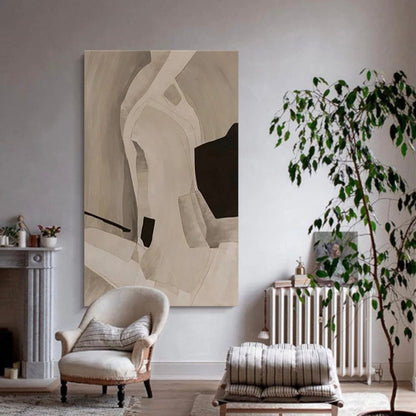 Room mockup. Soft cream and taupe curved bands surround a dark brown angular patch and a small black block.