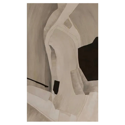 Soft cream and taupe curved bands surround a dark brown angular patch and a small black block.