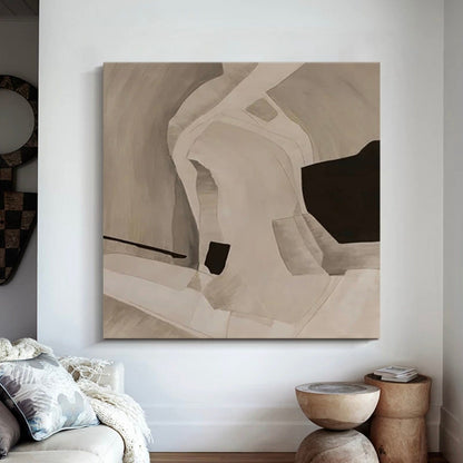 Room mockup. Soft cream and taupe curved bands surround a dark brown angular patch and a small black block.