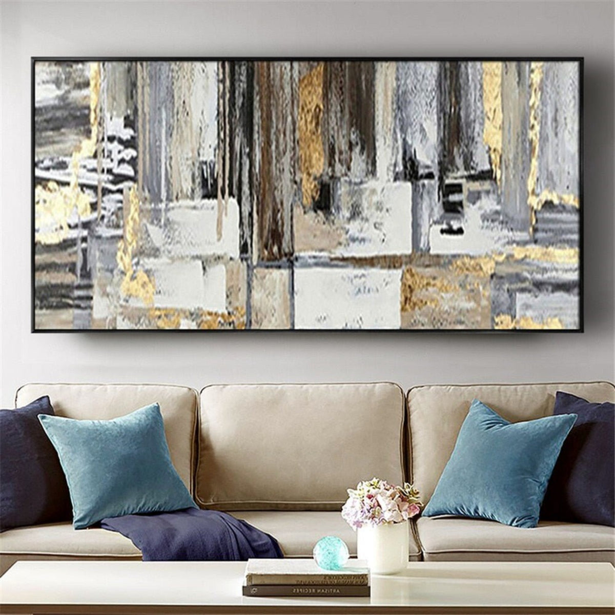 Room mockup. Long black, grey and white textured vertical bands above pale rectangular blocks, with gold-coloured streaks.