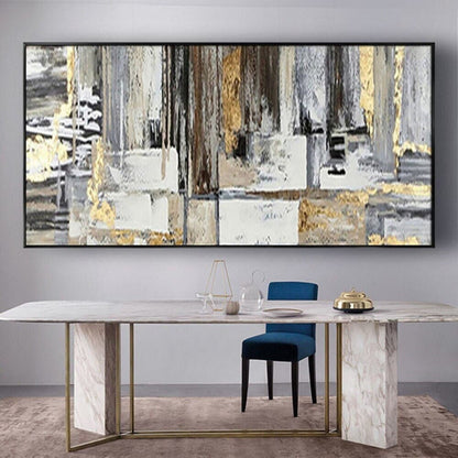 Room mockup. Long black, grey and white textured vertical bands above pale rectangular blocks, with gold-coloured streaks.