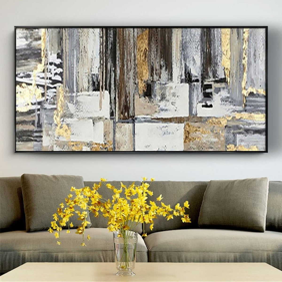 Room mockup. Long black, grey and white textured vertical bands above pale rectangular blocks, with gold-coloured streaks.
