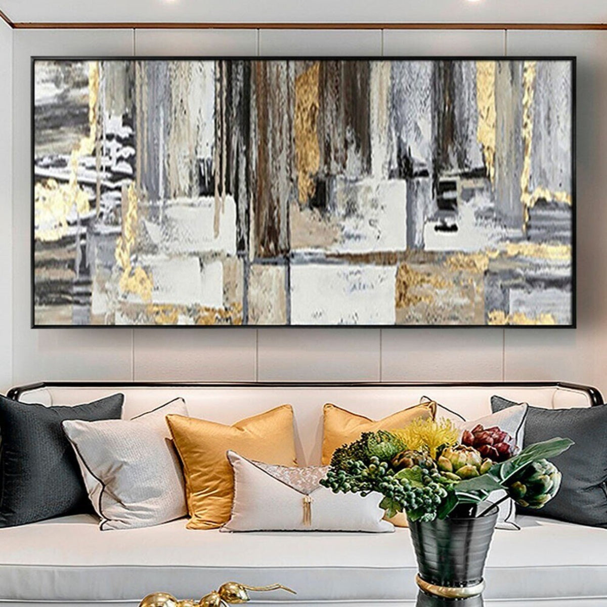 Room mockup. Long black, grey and white textured vertical bands above pale rectangular blocks, with gold-coloured streaks.