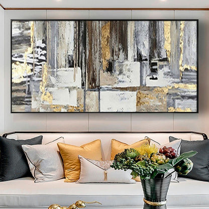 Room mockup. Long black, grey and white textured vertical bands above pale rectangular blocks, with gold-coloured streaks.