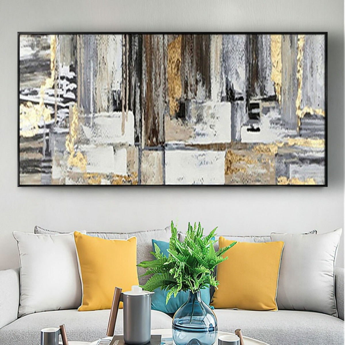Room mockup. Long black, grey and white textured vertical bands above pale rectangular blocks, with gold-coloured streaks.