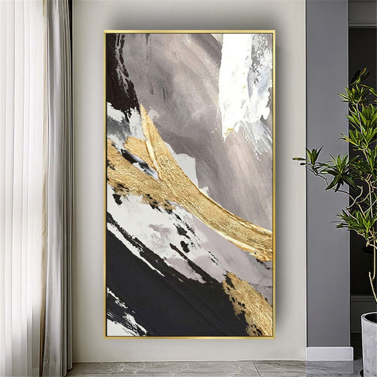Room mockup. Broad diagonal black, white and muted grey strokes crossed by a thick rough gold-coloured sweep.