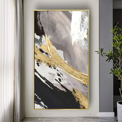 Room mockup. Broad diagonal black, white and muted grey strokes crossed by a thick rough gold-coloured sweep.