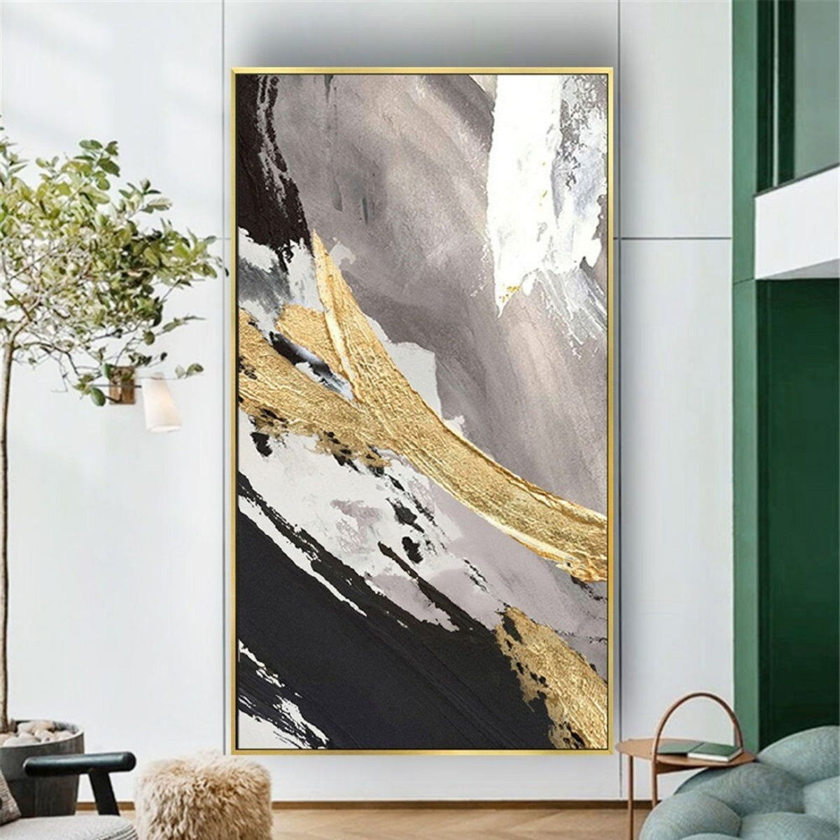 Room mockup. Broad diagonal black, white and muted grey strokes crossed by a thick rough gold-coloured sweep.