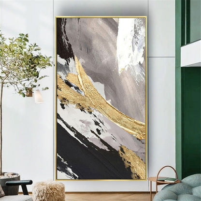 Room mockup. Broad diagonal black, white and muted grey strokes crossed by a thick rough gold-coloured sweep.