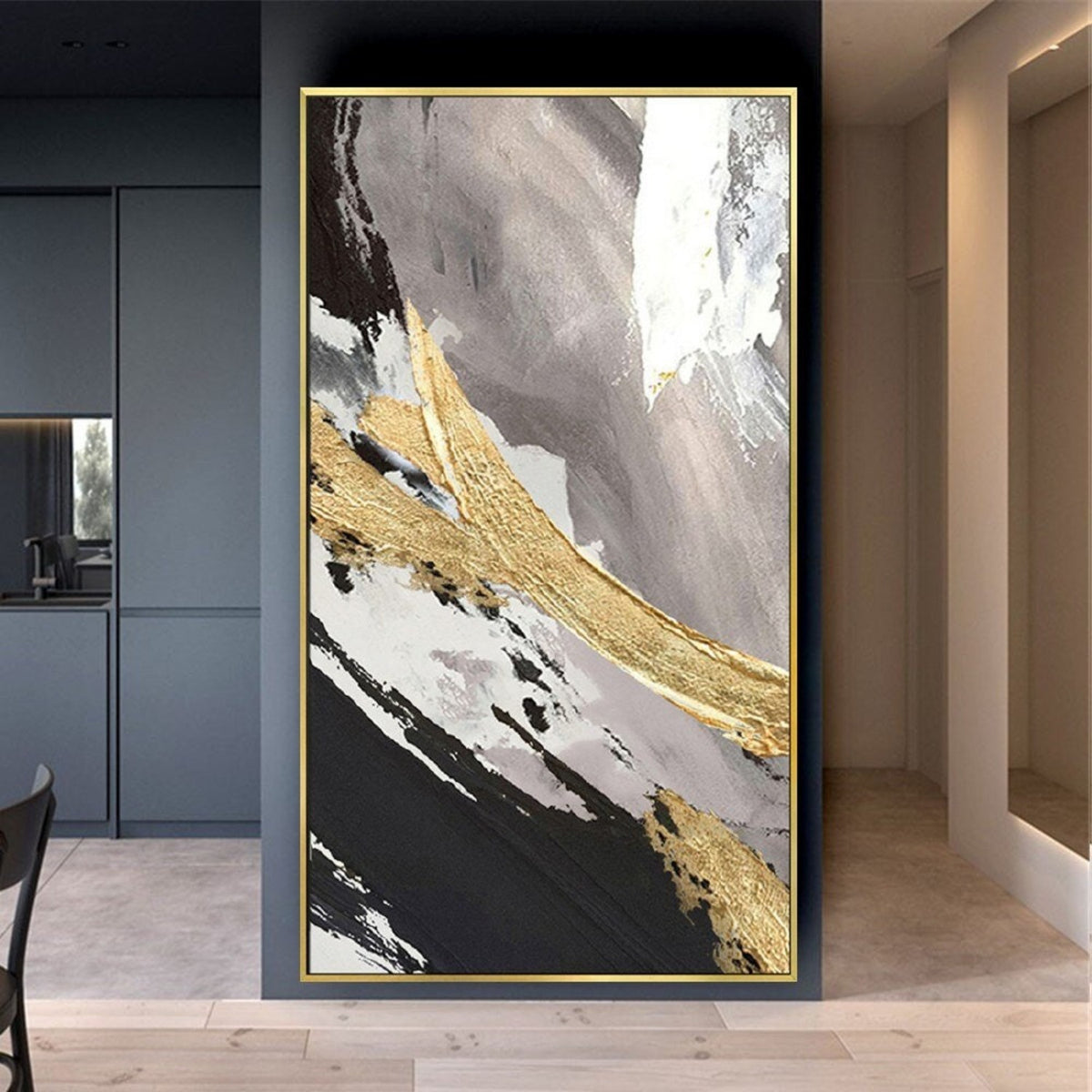 Room mockup. Broad diagonal black, white and muted grey strokes crossed by a thick rough gold-coloured sweep.