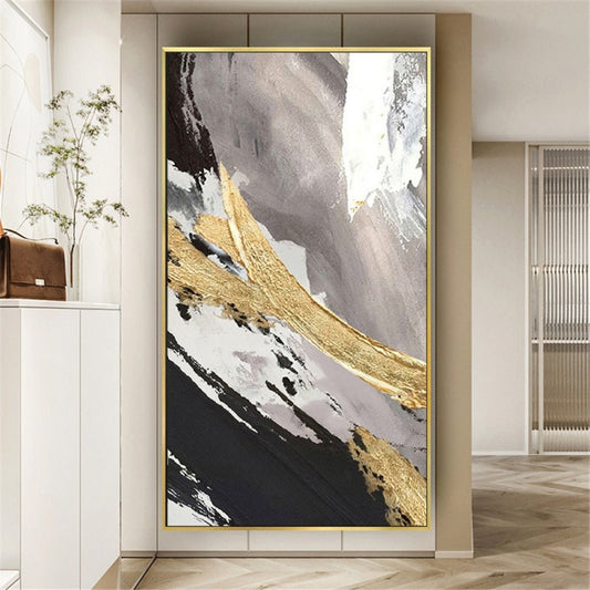 Room mockup. Broad diagonal black, white and muted grey strokes crossed by a thick rough gold-coloured sweep.