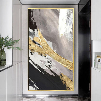 Room mockup. Broad diagonal black, white and muted grey strokes crossed by a thick rough gold-coloured sweep.