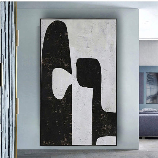 Room mockup. Two tall black rounded shapes with curved cut-outs on a pale grey textured background.