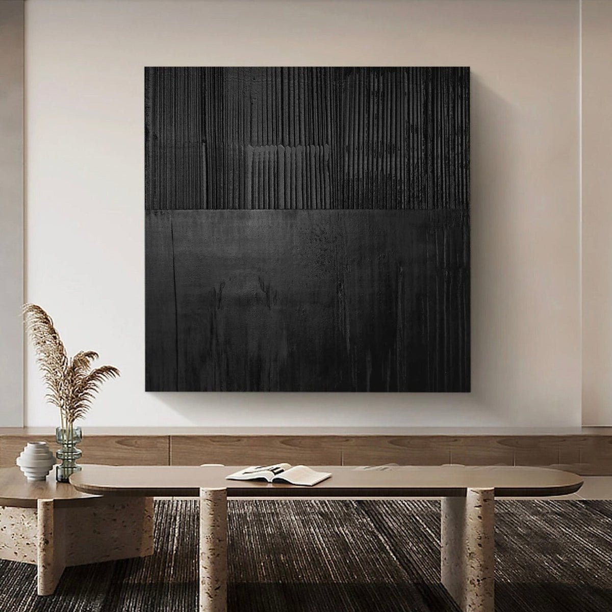 Room mockup. A nearly black square with fine vertical ridges and subtle overlapping charcoal rectangular patches.