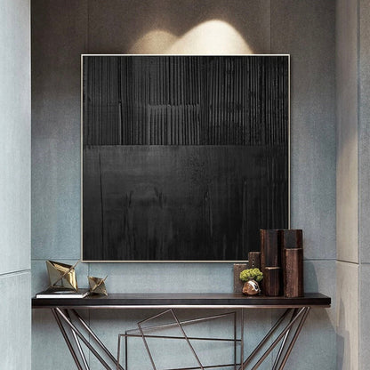 Room mockup. A nearly black square with fine vertical ridges and subtle overlapping charcoal rectangular patches.
