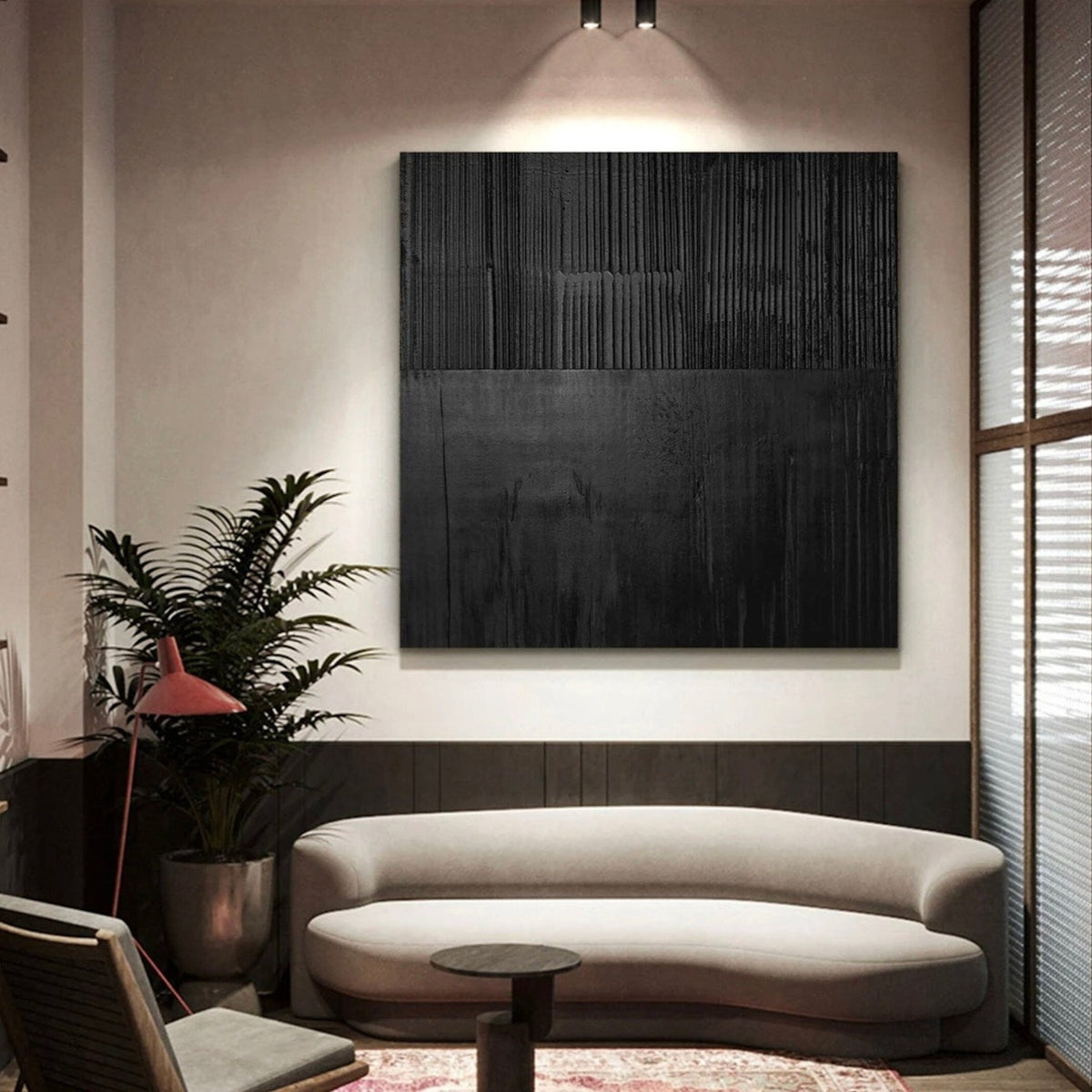 Room mockup. A nearly black square with fine vertical ridges and subtle overlapping charcoal rectangular patches.