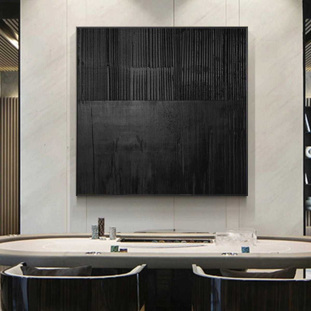 Room mockup. A nearly black square with fine vertical ridges and subtle overlapping charcoal rectangular patches.