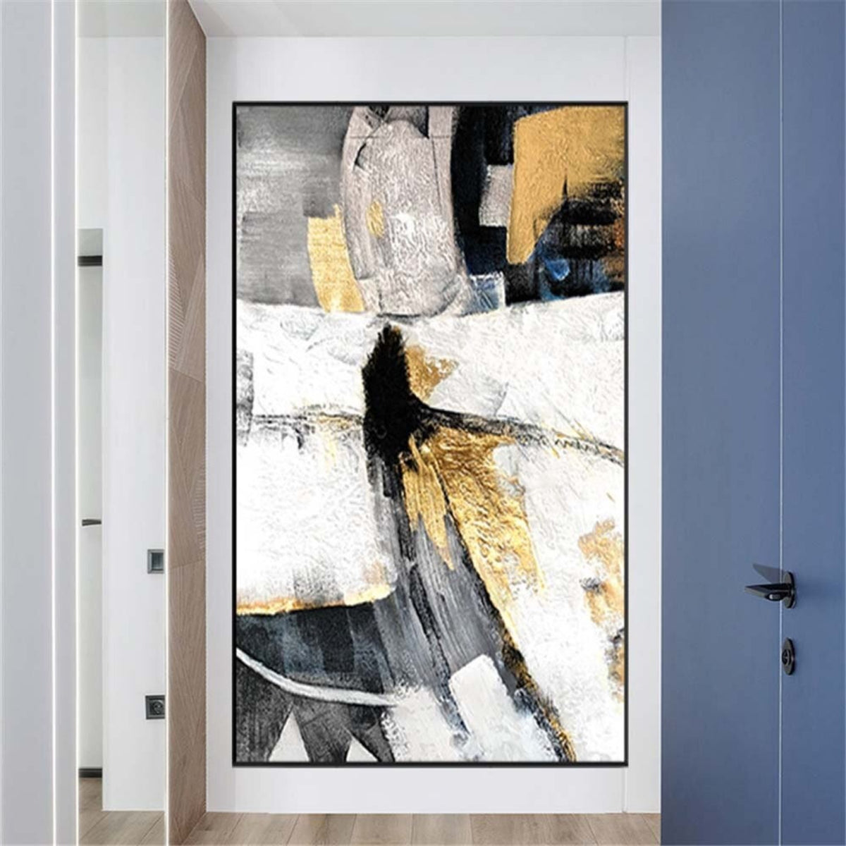 Room mockup. Black, grey and white angular shapes with gold-coloured patches suggest an elongated abstract figure.