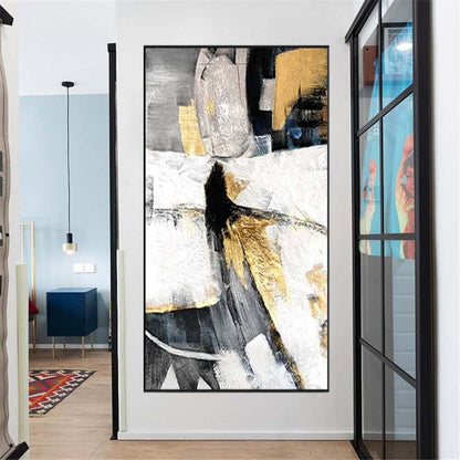 Room mockup. Black, grey and white angular shapes with gold-coloured patches suggest an elongated abstract figure.