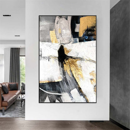 Room mockup. Black, grey and white angular shapes with gold-coloured patches suggest an elongated abstract figure.