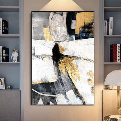 Room mockup. Black, grey and white angular shapes with gold-coloured patches suggest an elongated abstract figure.