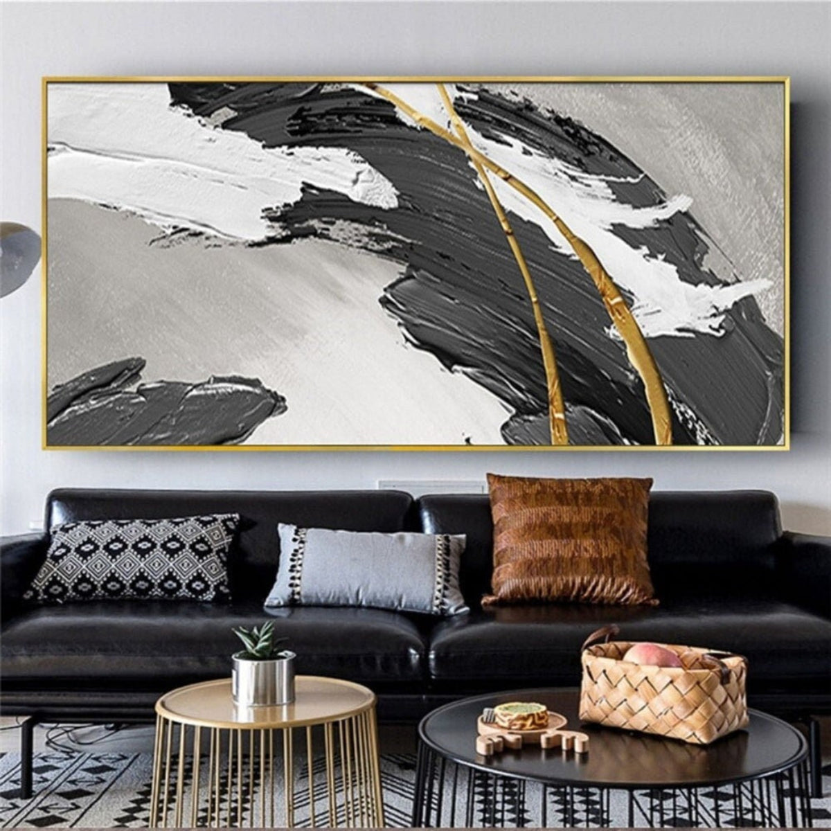 Room mockup. A broad rough black curved stroke with white ridges and fine gold-coloured lines over a light grey field.