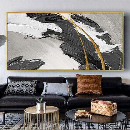 Room mockup. A broad rough black curved stroke with white ridges and fine gold-coloured lines over a light grey field.