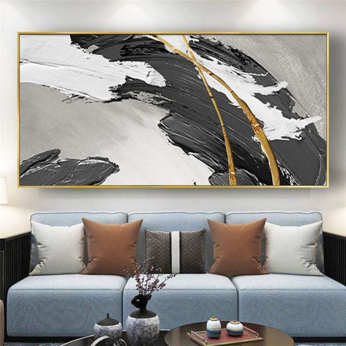 Room mockup. A broad rough black curved stroke with white ridges and fine gold-coloured lines over a light grey field.