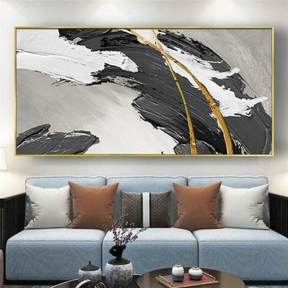 Room mockup. A broad rough black curved stroke with white ridges and fine gold-coloured lines over a light grey field.
