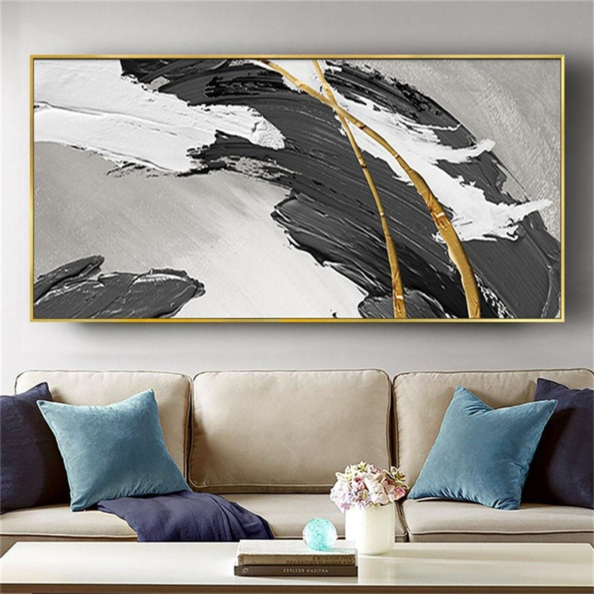 Room mockup. A broad rough black curved stroke with white ridges and fine gold-coloured lines over a light grey field.