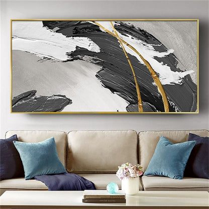 Room mockup. A broad rough black curved stroke with white ridges and fine gold-coloured lines over a light grey field.