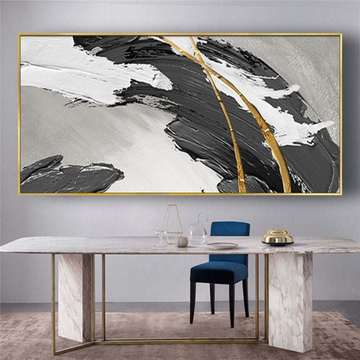 Room mockup. A broad rough black curved stroke with white ridges and fine gold-coloured lines over a light grey field.