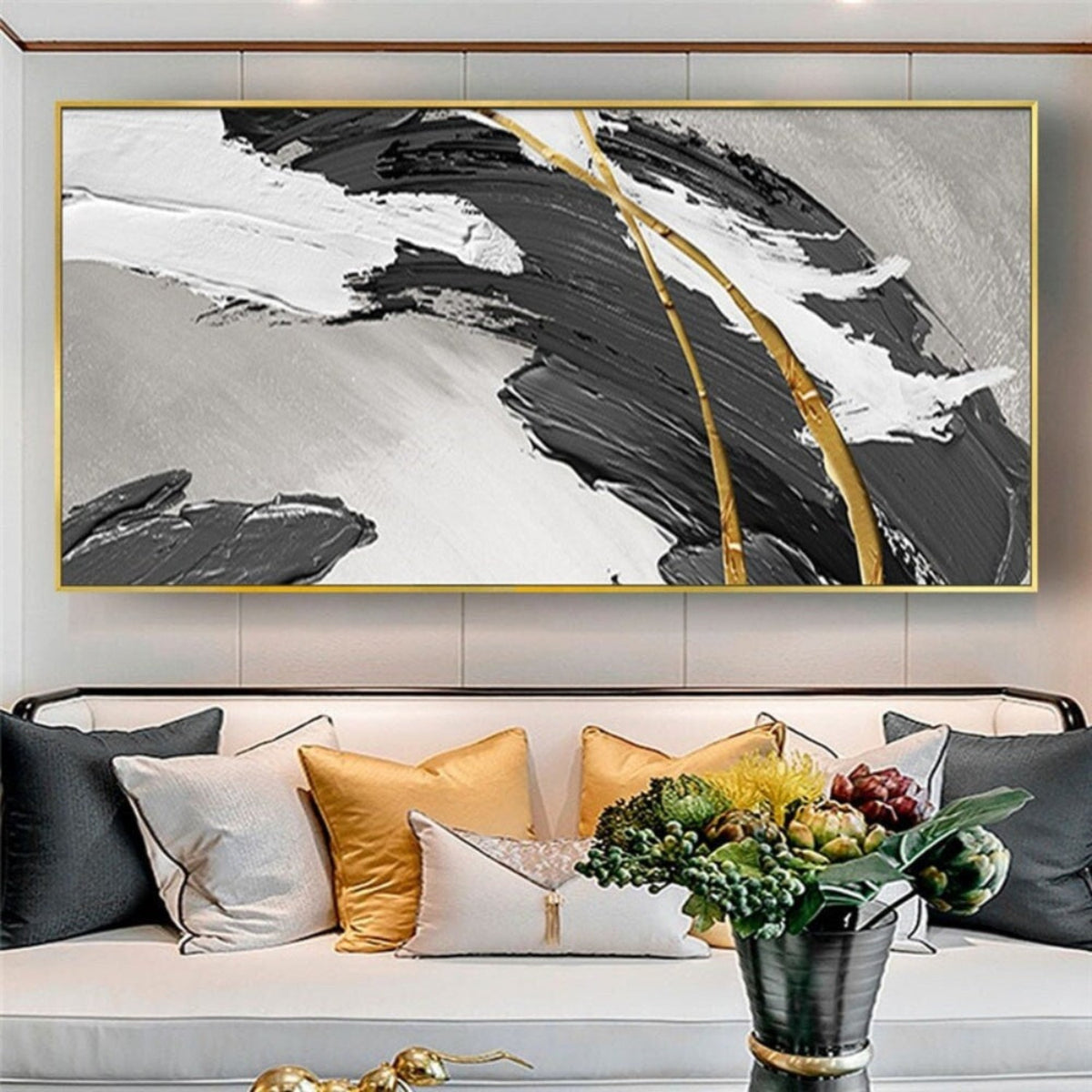 Room mockup. A broad rough black curved stroke with white ridges and fine gold-coloured lines over a light grey field.
