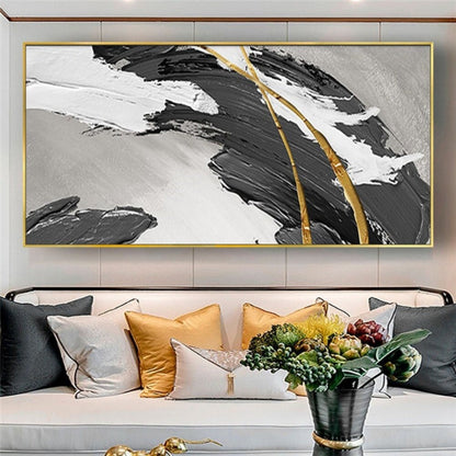 Room mockup. A broad rough black curved stroke with white ridges and fine gold-coloured lines over a light grey field.