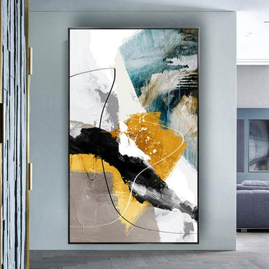 Room mockup. Abstract artwork with sweeping black and white gestures, a mustard round patch and pale teal and taupe fields.