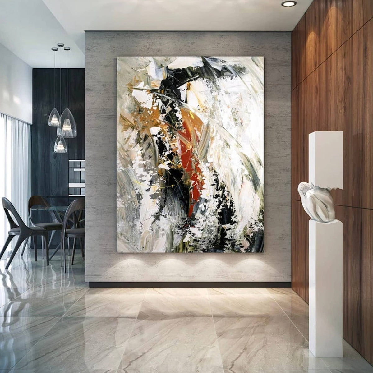 Room mockup. Broad black and white textured strokes with rust-red and ochre accents in a swirling abstract composition.