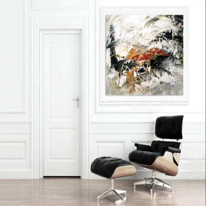 Room mockup. Broad black and white textured strokes with rust-red and ochre accents in a swirling abstract composition.