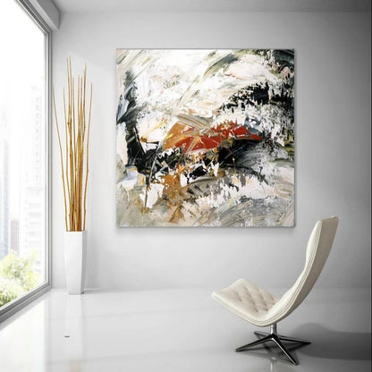 Room mockup. Broad black and white textured strokes with rust-red and ochre accents in a swirling abstract composition.