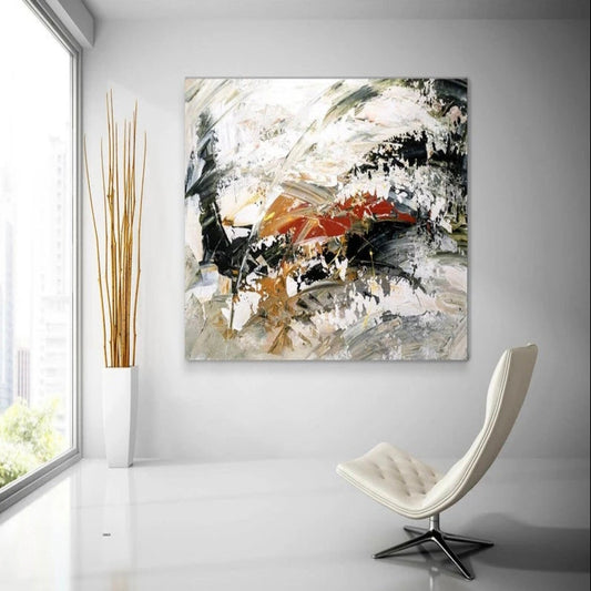 Room mockup. Broad black and white textured strokes with rust-red and ochre accents in a swirling abstract composition.