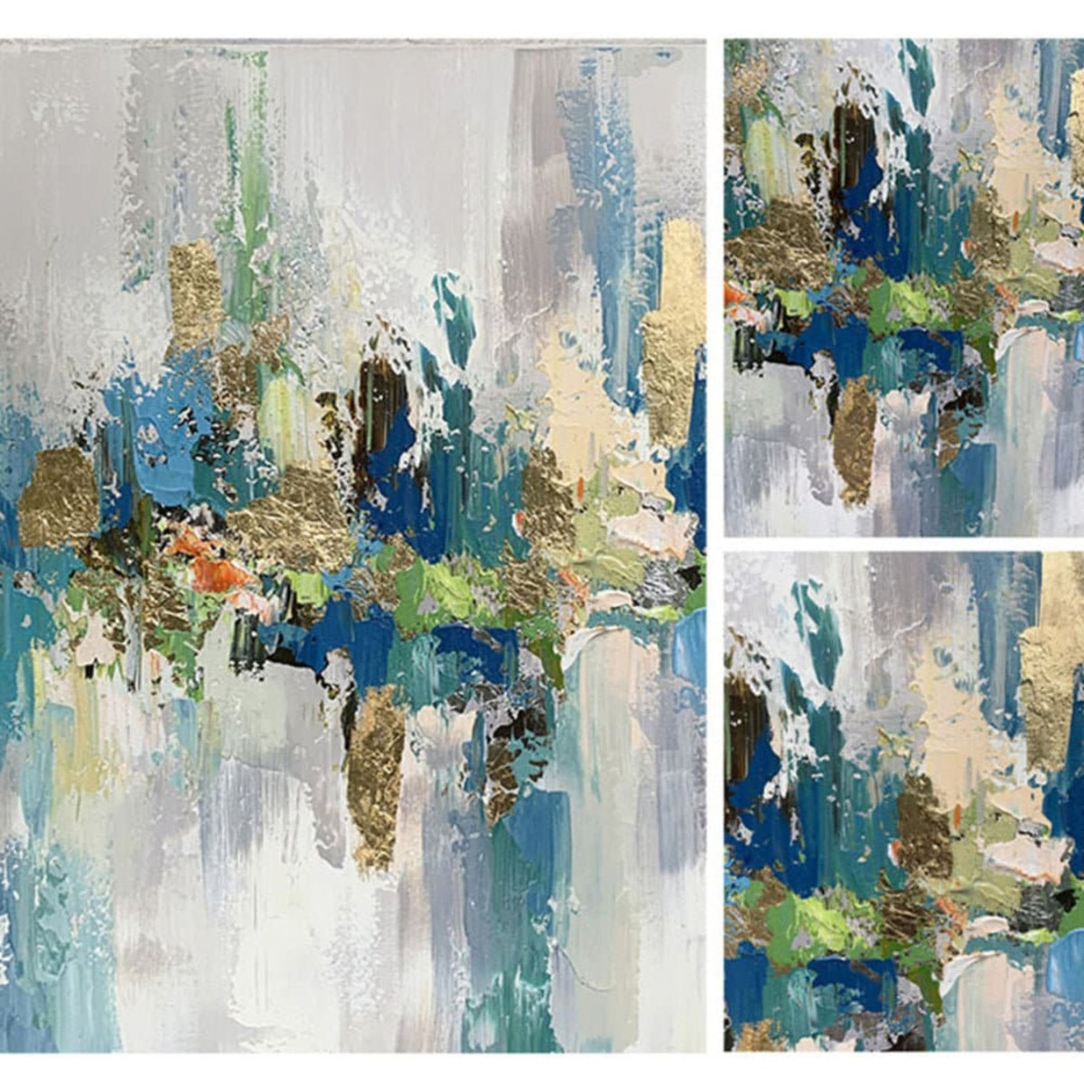 Close-up. Layered blue, cream, teal and gold-coloured patches gather along a central band over white textured strokes.
