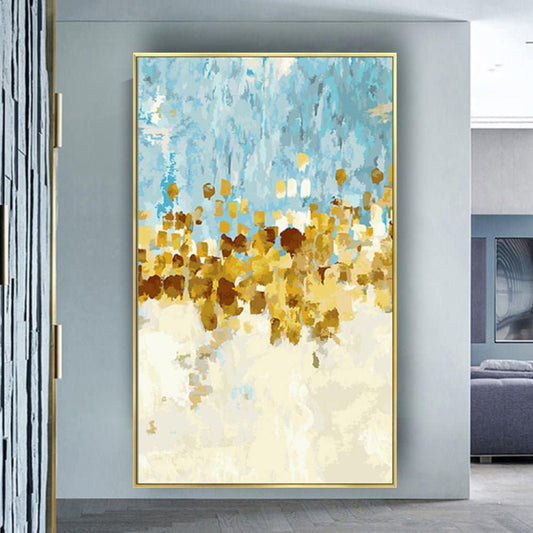 Room mockup. Pale blue strokes above a dense central band of ochre and gold-coloured dabs, fading into cream below.