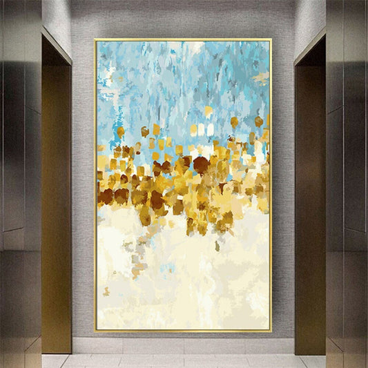 Room mockup. Pale blue strokes above a dense central band of ochre and gold-coloured dabs, fading into cream below.