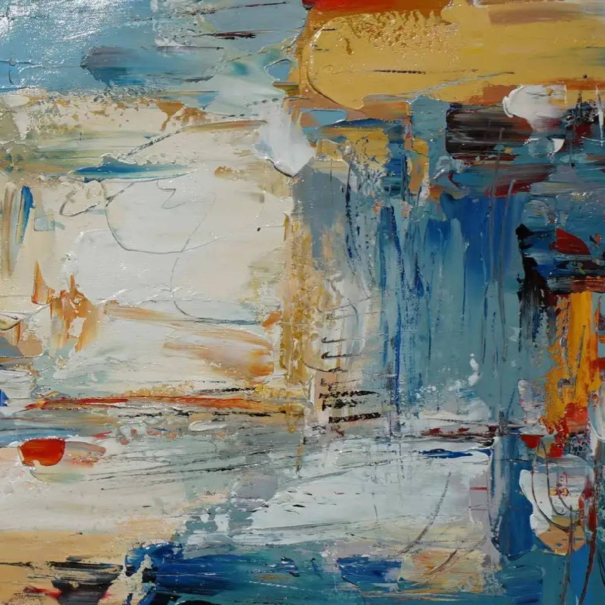 Close-up. Broad blue and cream rectangular patches overlap ochre, brown and small red strokes with rough scraped edges.