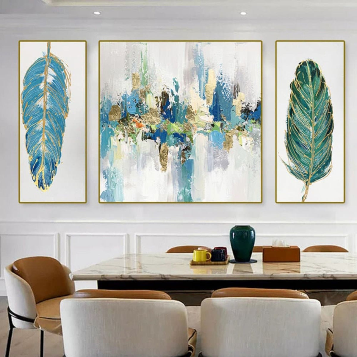 Room mockup. A blue, cream and gold-coloured abstract centre panel flanked by two narrow blue and green leaf panels.