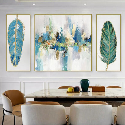 Room mockup. A blue, cream and gold-coloured abstract centre panel flanked by two narrow blue and green leaf panels.