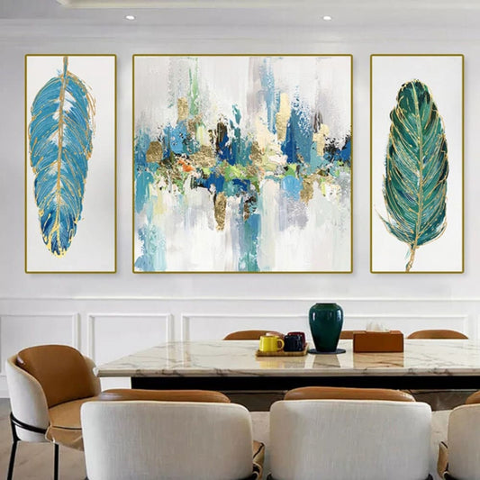 Room mockup. A blue, cream and gold-coloured abstract centre panel flanked by two narrow blue and green leaf panels.