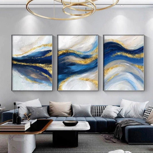 Room mockup. Three complementary panels of flowing navy, pale blue and white bands with gold-coloured curves.
