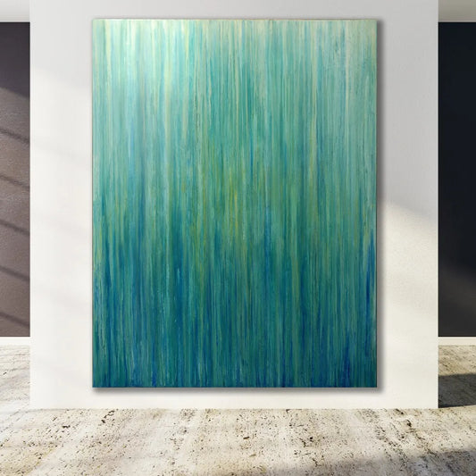 Room mockup showing dense fine vertical blue, green, turquoise and pale yellow strokes with a lighter upper edge.